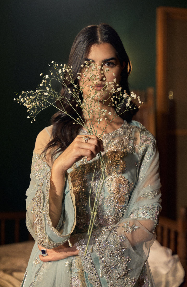 Detailed sleeve embroidery on Aquamarine Dress by Fabiha Fatima