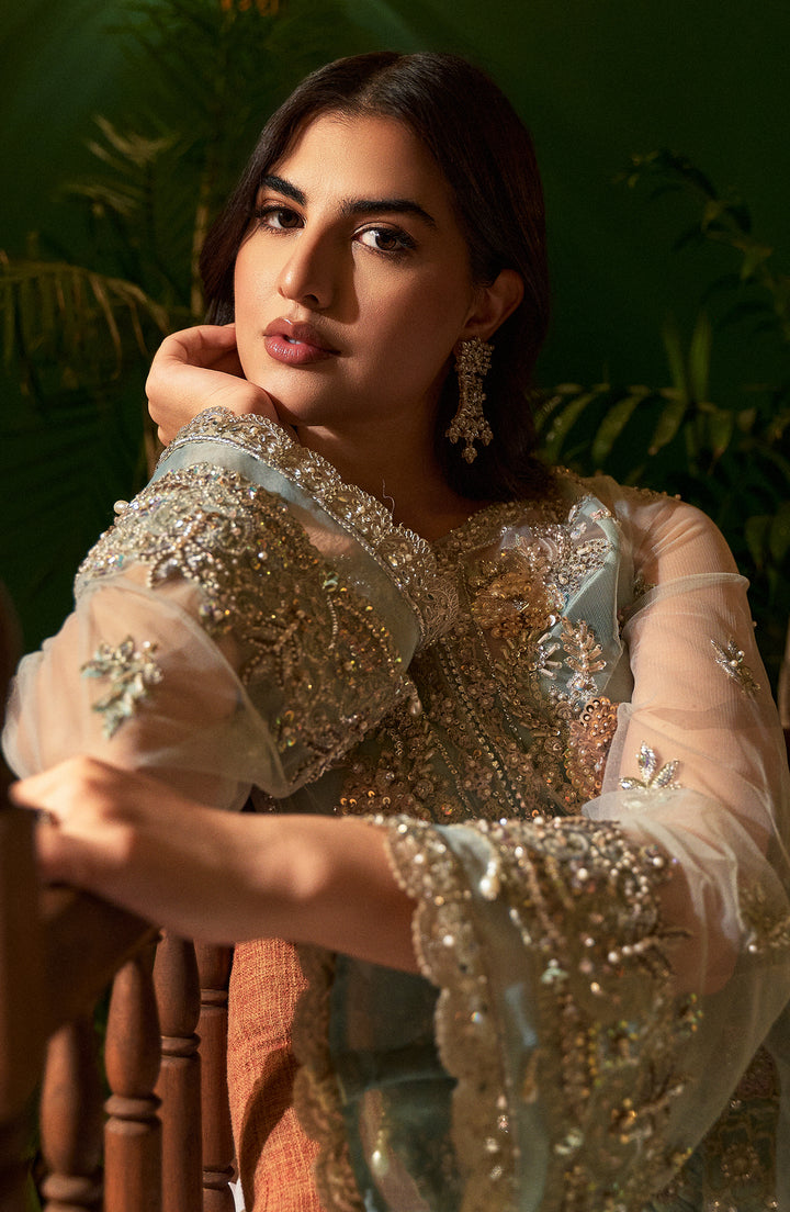 Close-up of neckline and embellishments on Aquamarine Dress