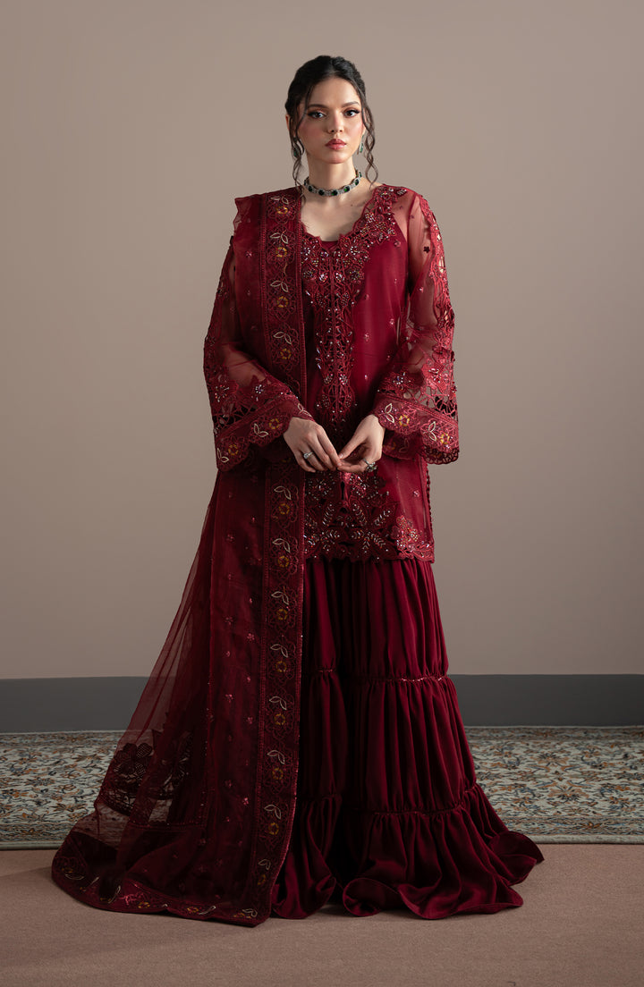 Front view of model wearing Rubeia Shirt – Elvin Collection by Fabiha Fatima