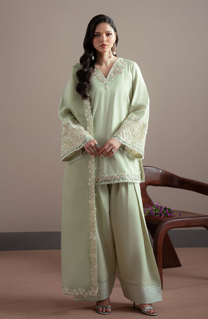 Front view of model wearing SAGE Shirt – Pret Collection Elvin by Fabiha Fatima